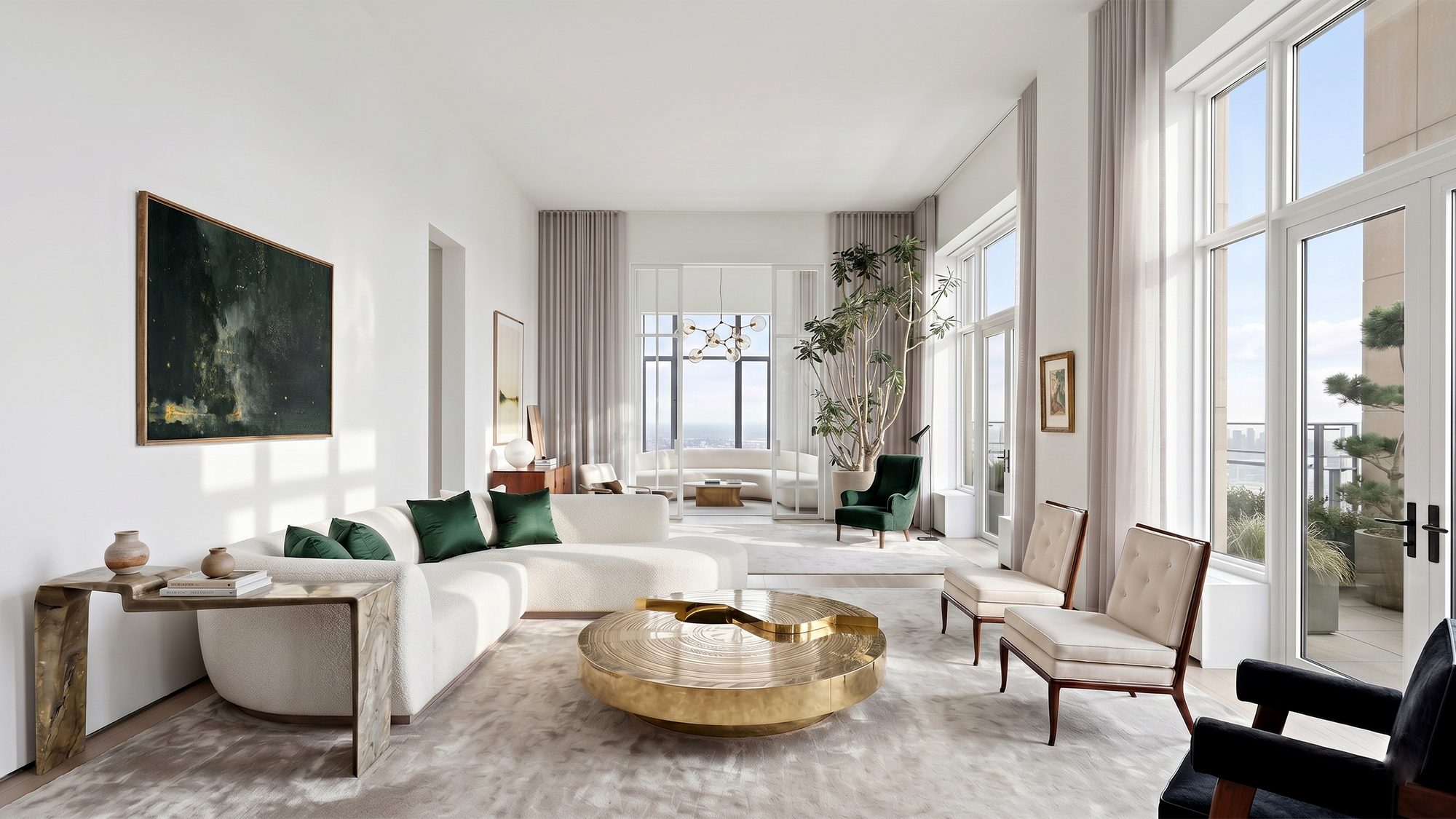 Manhattan penthouse living room with a curved white bouclé sectional and hand-upholstered lounge chairs made by Quintana Upholstery.